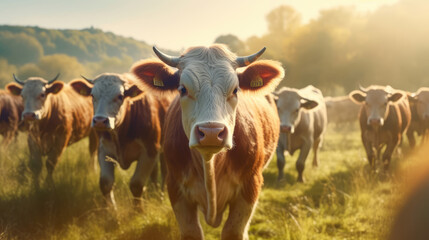 Close - up of a herd of bulls feeding on a green field in the morning - obrazy, fototapety, plakaty