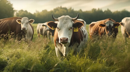 Close - up of a herd of bulls feeding on a green field in the morning