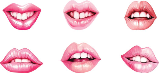 Obraz premium Realistic bright sexy female lips in watercolor. Set of illustrations on a white background