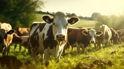 Close - up of a herd of bulls feeding on a green field in the morning