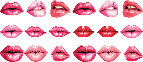 Realistic bright sexy female lips in watercolor. Set of  illustrations on a white background