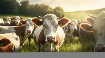 Foto op Plexiglas Close - up of a herd of bulls feeding on a green field in the morning © didiksaputra
