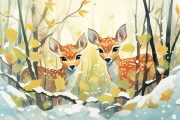 two fawns with spots playing hide and seek around snowy shrubs