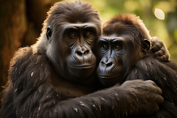 a pair of gorillas
are hugging