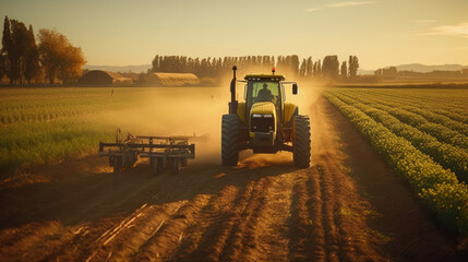 Fototapeta premium Agricultural tractor spraying plants in the morning sunlight