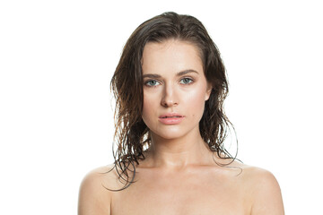 Fototapeta premium Isolated brunette woman portrait. Beautiful spa model with perfect fresh clean skin. Youth and skin care concept. Nude makeup