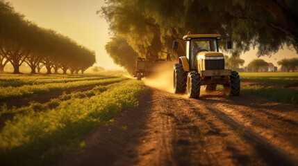 Agricultural tractor spraying plants in the morning sunlight
