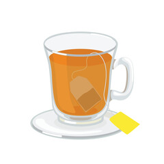 Glass tea cup with tea bag. Cup of tea and saucer isolated on white background. Vector cartoon flat illustration. Hot drink icon.