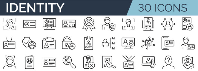 Set of 30 outline icons related to identity. Linear icon collection. Editable stroke. Vector illustration - obrazy, fototapety, plakaty