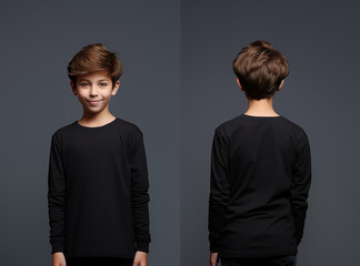 Front and back views of a little boy wearing a black long-sleeve T-shirt