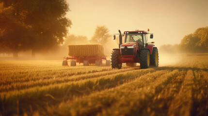 Fototapeta premium Agricultural tractor spraying plants in the morning sunlight