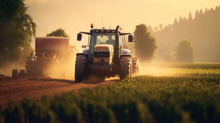 Fototapeta premium Agricultural tractor spraying plants in the morning sunlight