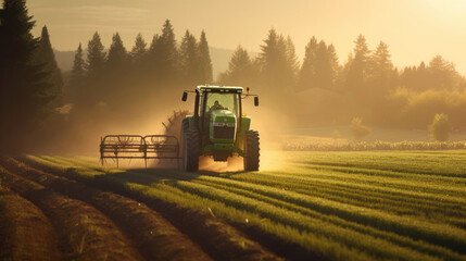 Obraz premium Agricultural tractor spraying plants in the morning sunlight