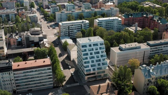 Aerial Rotating Shot of Modern architecture complex and design Buildings in Vaasa city, Finland