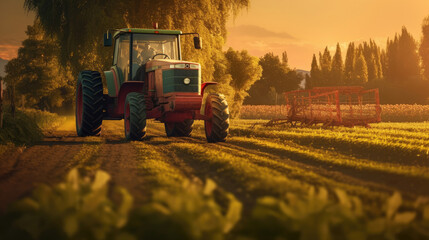 Agricultural tractor spraying plants in the morning sunlight - obrazy, fototapety, plakaty