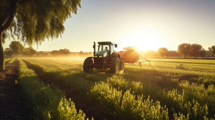 Agricultural tractor spraying plants in the morning sunlight - obrazy, fototapety, plakaty