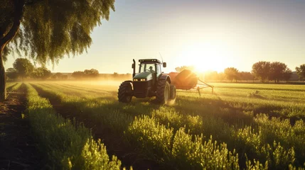 Photo sur Plexiglas Tracteur Agricultural tractor spraying plants in the morning sunlight