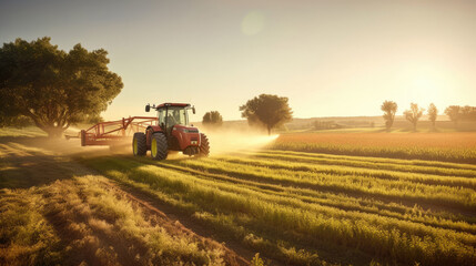 Fototapeta premium Agricultural tractor spraying plants in the morning sunlight