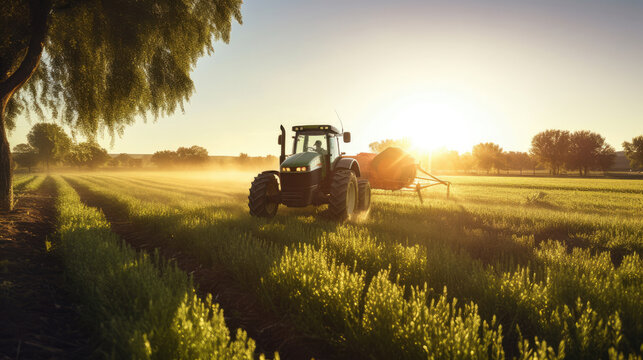 Agricultural tractor spraying plants in the morning sunlight