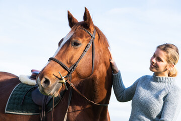 Young woman taking care of her horse