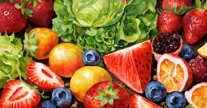 フルーツ、野菜、水彩画、背景｜fruit, vegetables, watercolor, background. Generative AI