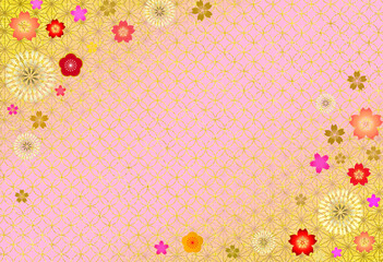 桜と梅の和風背景　和柄　麻の葉文様と七宝　年賀状　高級感　キラキラ素材　和紙　新春　ひな祭り　ひなまつり