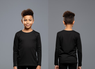Front and back views of a little boy wearing a black long-sleeve T-shirt