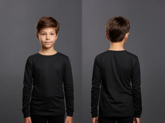 Front and back views of a little boy wearing a black long-sleeve T-shirt