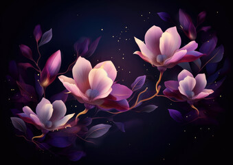 Vector style beautiful magnolia flowers on violet background. Generative ai