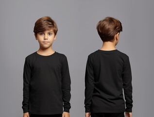 Front and back views of a little boy wearing a black long-sleeve T-shirt