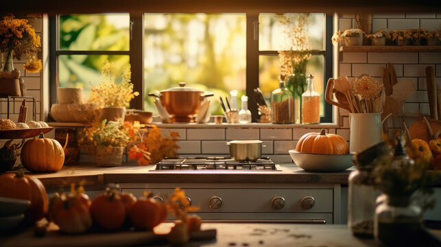 A kitchen adorned with seasonal delights like pumpkins and leaves