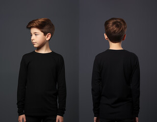 Front and back views of a little boy wearing a black long-sleeve T-shirt