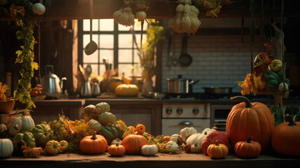 A kitchen adorned with seasonal delights like pumpkins and leaves