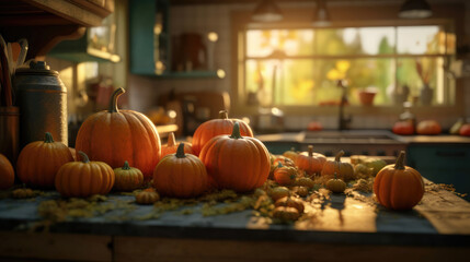 A kitchen adorned with seasonal delights like pumpkins and leaves