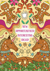 Vector illustrations of New Year and Christmas cards with the image of a hand-drawn Christmas tree in bobo-modern colors. Ideal for printing, postcards, banners, websites