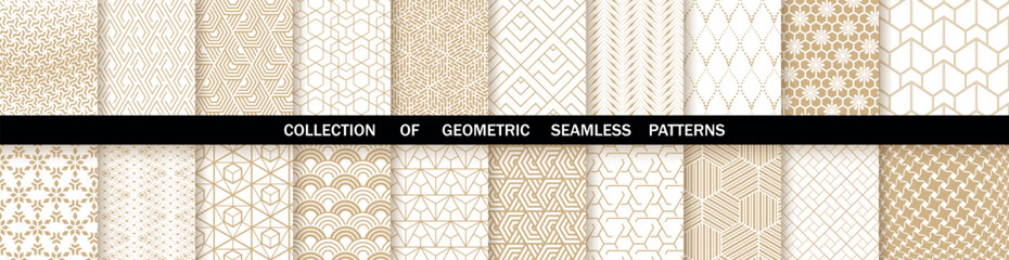 Geometric set of seamless gold and white patterns. Simple vector graphics - obrazy, fototapety, plakaty