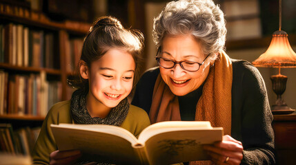 Grandmother and Granddaughter Reading Together in Library