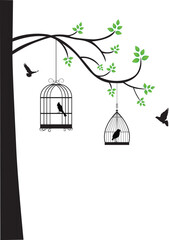 Birdcage with birds on a tree branch. Vector illustration.