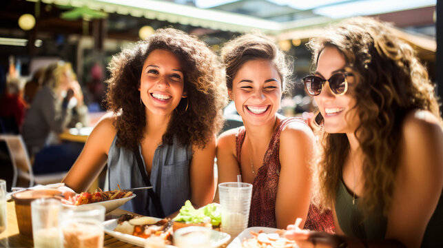 Friends Sharing a Meal at an Outdoor Restaurant