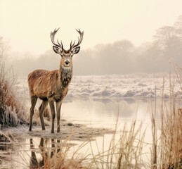 A deer standing in a field next to a pond. Generative AI.