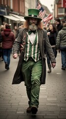 Fototapeta na wymiar A man in a green suit and hat walking down a street. Generative AI.