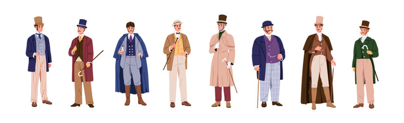 Retro and vintage fashion gentleman set. Elegant men of 1900, 19th century. Gentlemen in hats and suits. Male aristocrats with canes. Flat graphic vector illustrations isolated on white background - obrazy, fototapety, plakaty