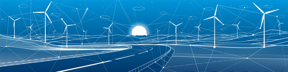 Lines and dots. Technological illustration. Highway in mountains. Windmills power. Sunset behind the rocks. Night scene. White outlines on blue background. Vector design art