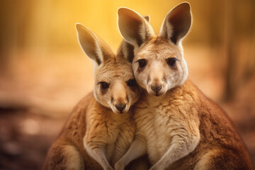 a pair of kangaroos
are hugging