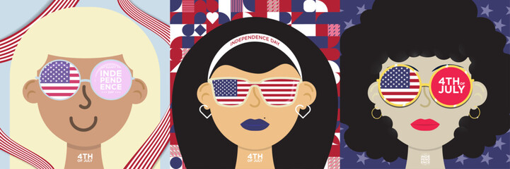 Set of USA Independence Day Greetings. 4th of july, Women wearing sunglasses with American flag reflection. Cute human avatar vector illustrations. USA Flag ribbon. Red, blue, white abstract pattern.
