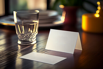 Blank paper table card on wooden table over bar background