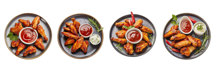 Set of Buffalo chicken wings on plate with one bowl of chili sauce.(3) - obrazy, fototapety, plakaty