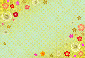 桜と梅の和風背景　和柄　麻の葉文様と七宝　年賀状　高級感　キラキラ素材　和紙　新春