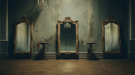 An empty room with three mirrors on the wall