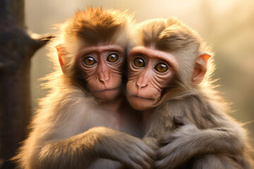a pair of monkeys
are hugging